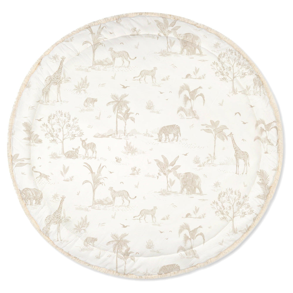 MakeMake Organics safari round play mat front view showing plush organic cotton for gentle tummy time