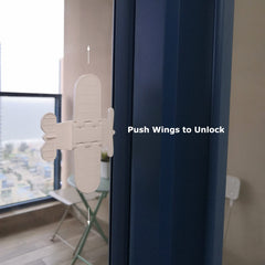 Makibi sliding-door-lock installation shot highlights no-tools peel-and-stick setup.