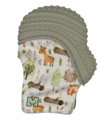 Malarkey Kids Munch Mitt Grey Woodland front view showing soft silicone for soothing gums