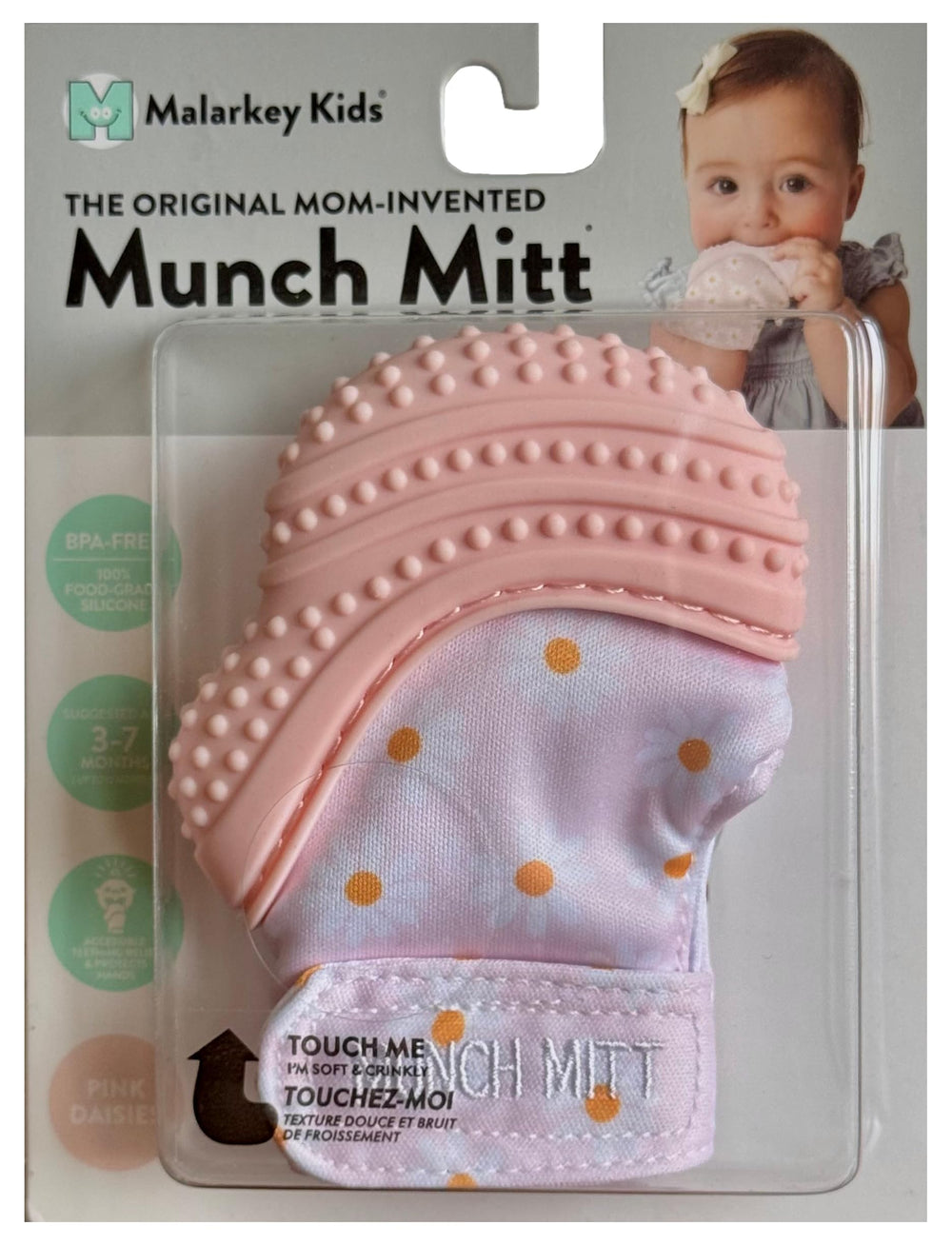Malarkey Kids Munch Mitt worn on hand for teething relief and reduced saliva mess