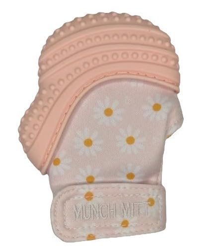 Malarkey Kids Munch Mitt pink daisies close-up teether for soothing sore gums