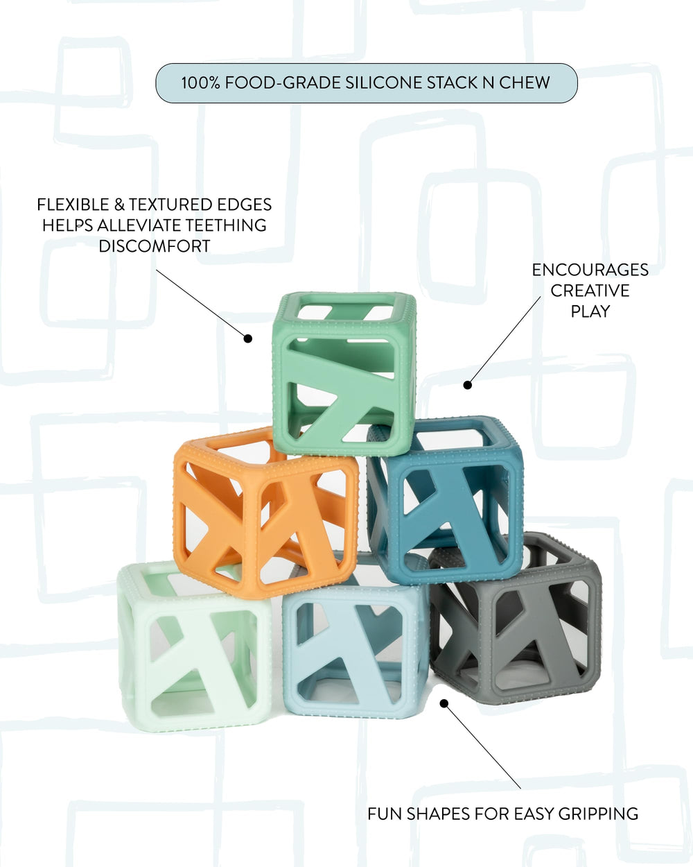Malarkey Kids Stack N Chew stackable cubes showcase durable play and motor skill practice.