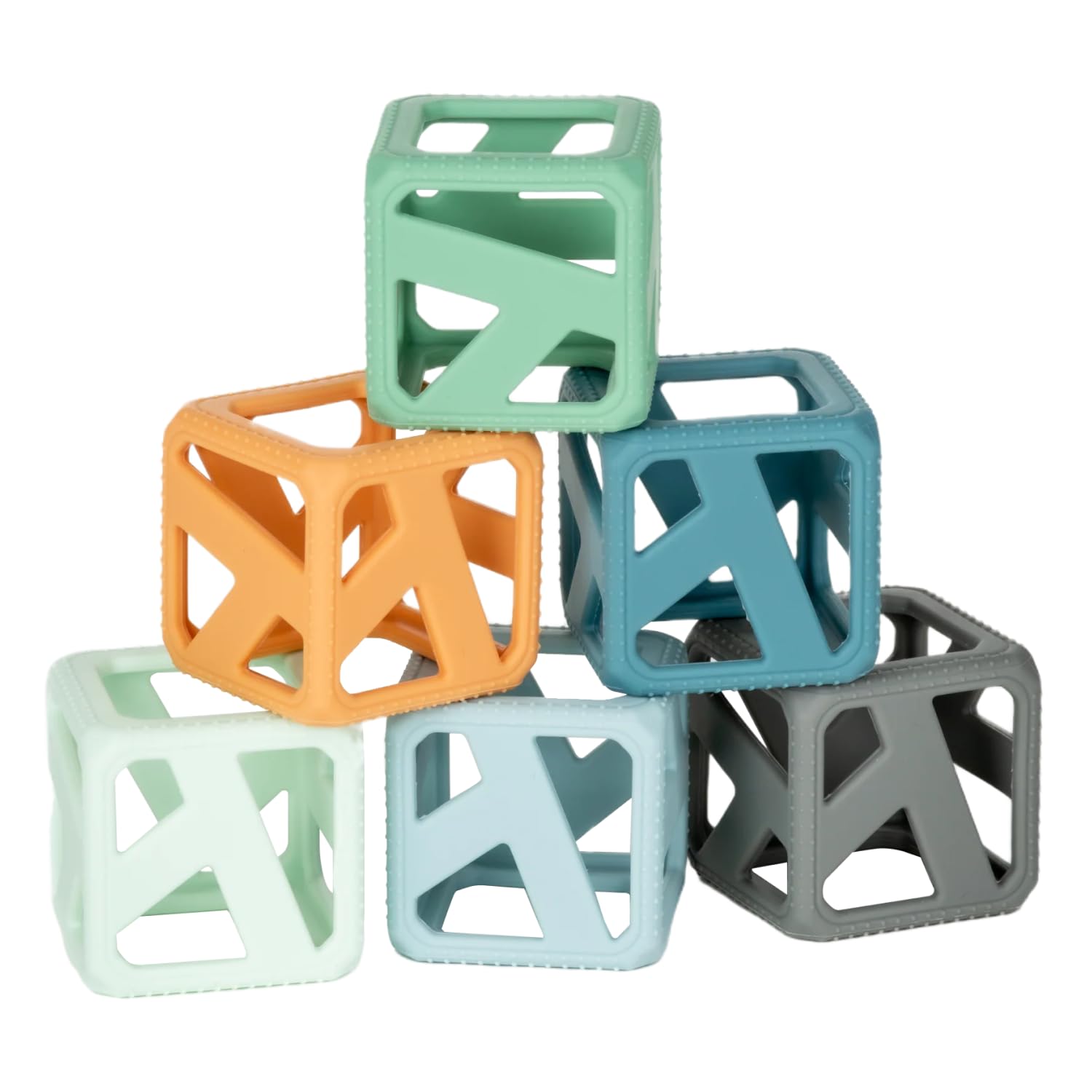 Malarkey Kids Stack N Chew mini cubes with textured edges support teething exploration.