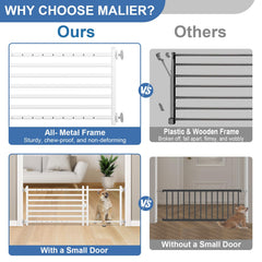 Malier dog gate with door feature demonstrates convenient small-pet pass-through.