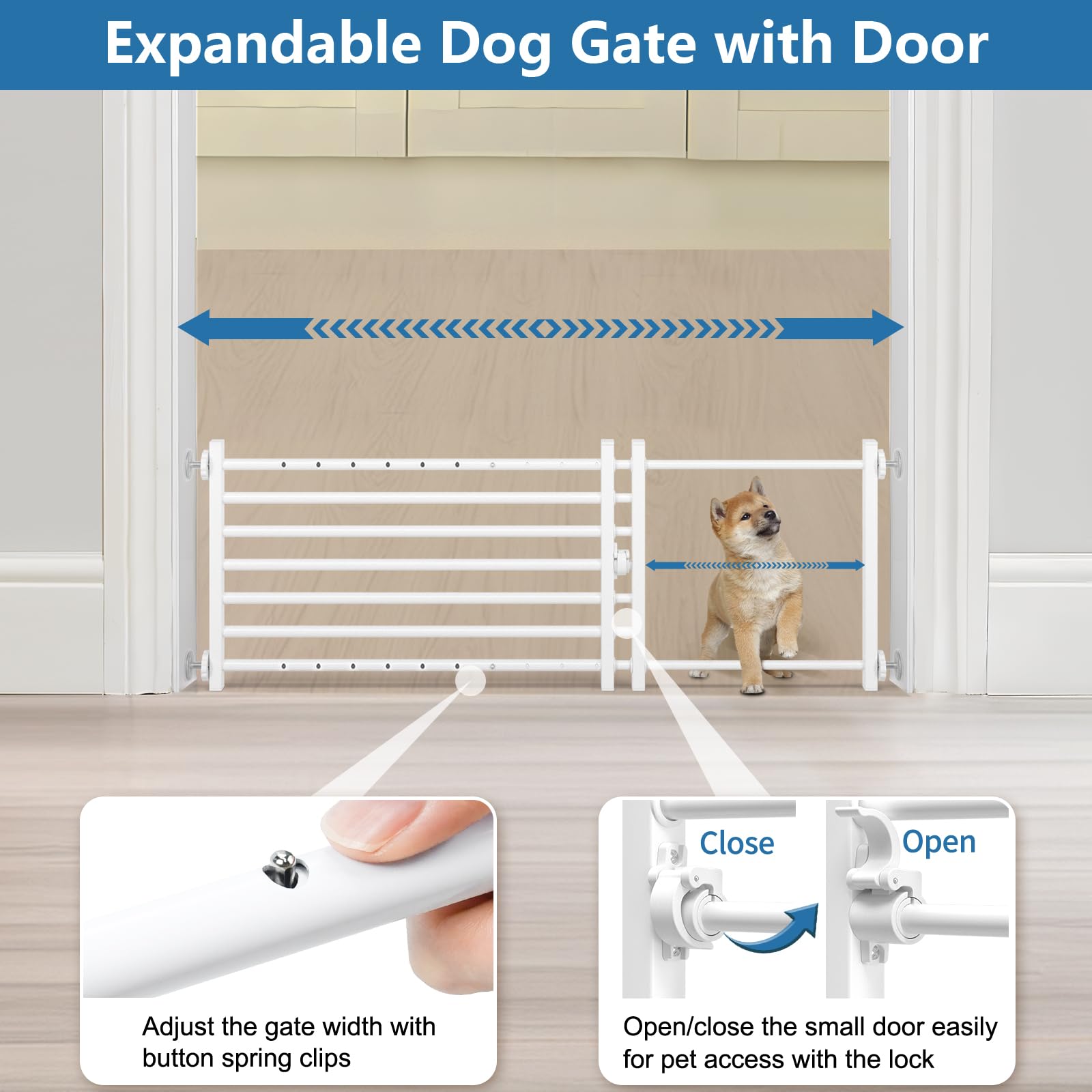 Malier dog gate with door and lock provides controlled access for pets.