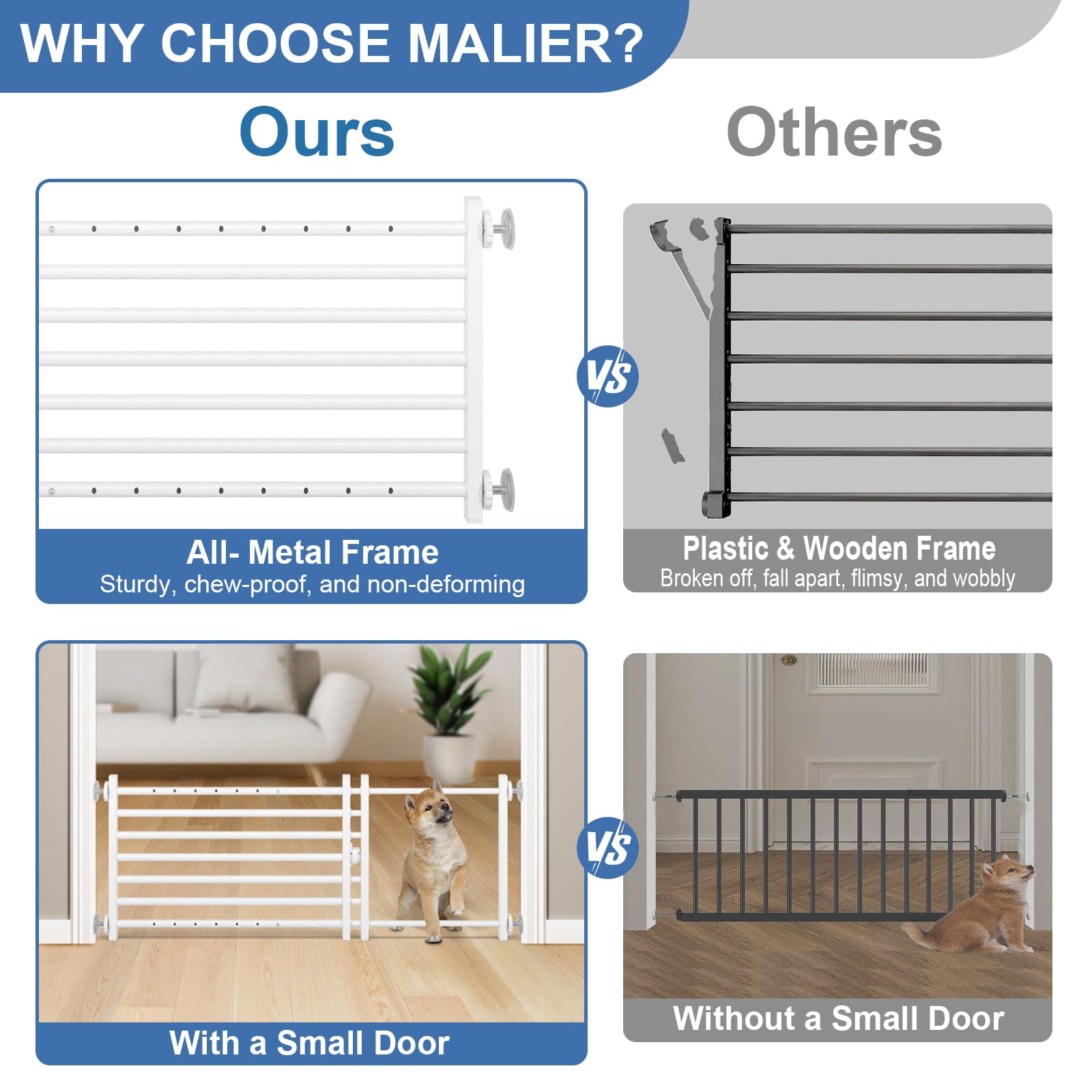 Malier expandable dog gate shown in wide opening, ideal for hallways and stairs.