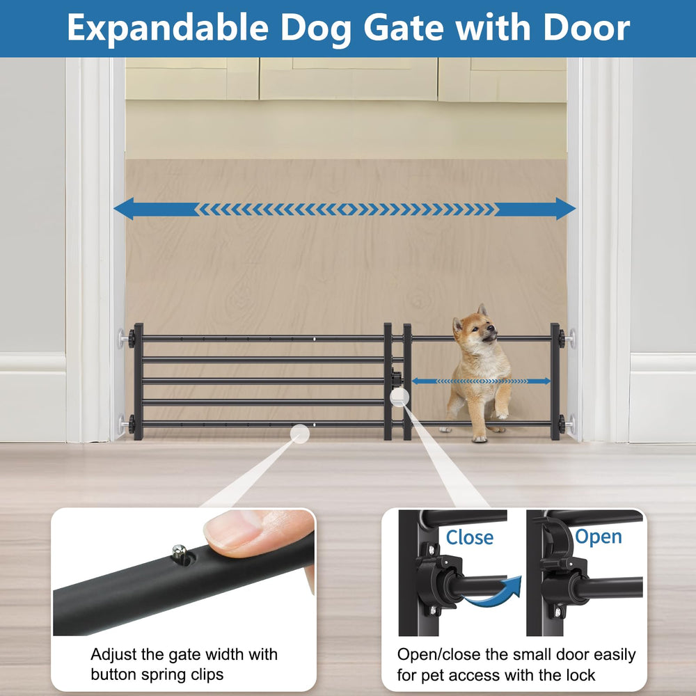 Malier extra-wide dog gate adjustable shows versatility for doorways and halls.