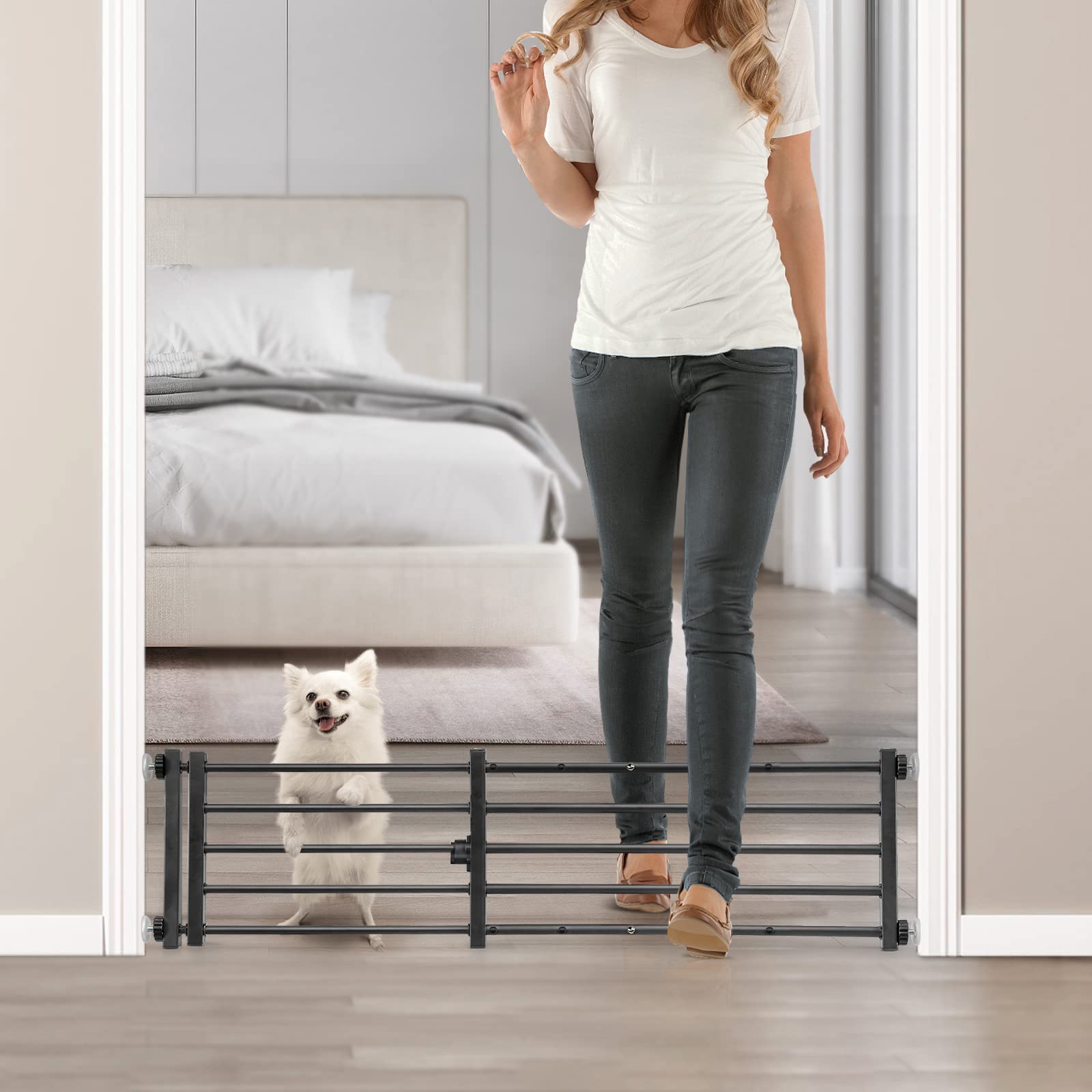 Malier indoor dog gate with door close-up highlights sturdy metal build for safe doorways.