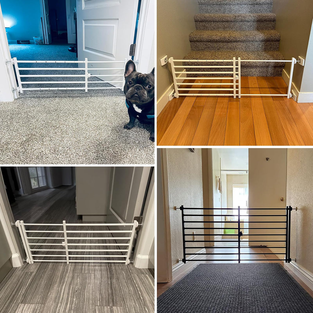 Malier low gate step-over use illustrates easy access for puppies and small dogs.