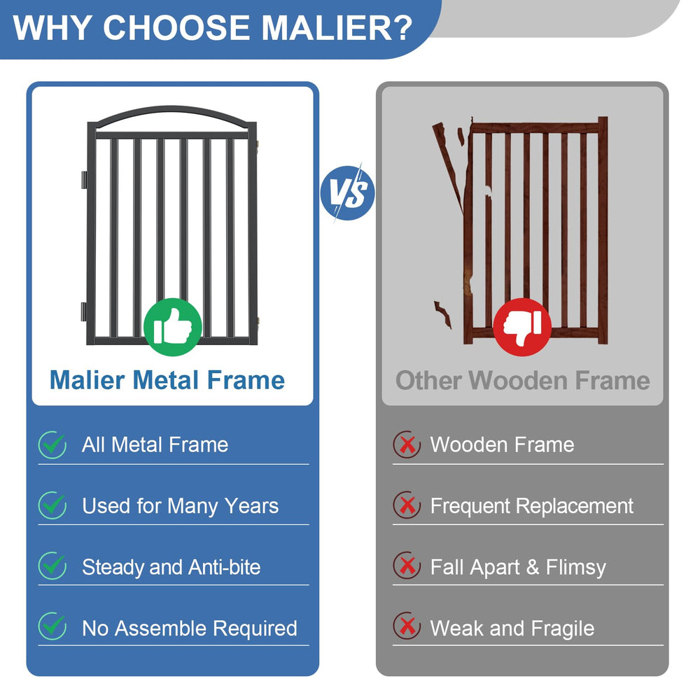 Malier metal freestanding dog gate at 32-inch height helps prevent jumping near stairs