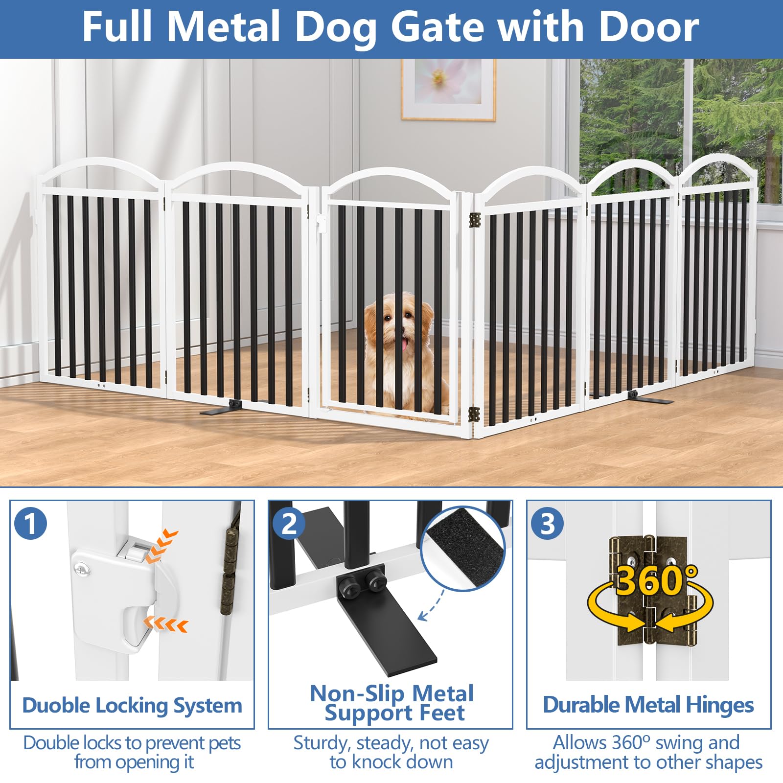 Malier metal freestanding dog gate six-panel setup provides wide indoor barrier.