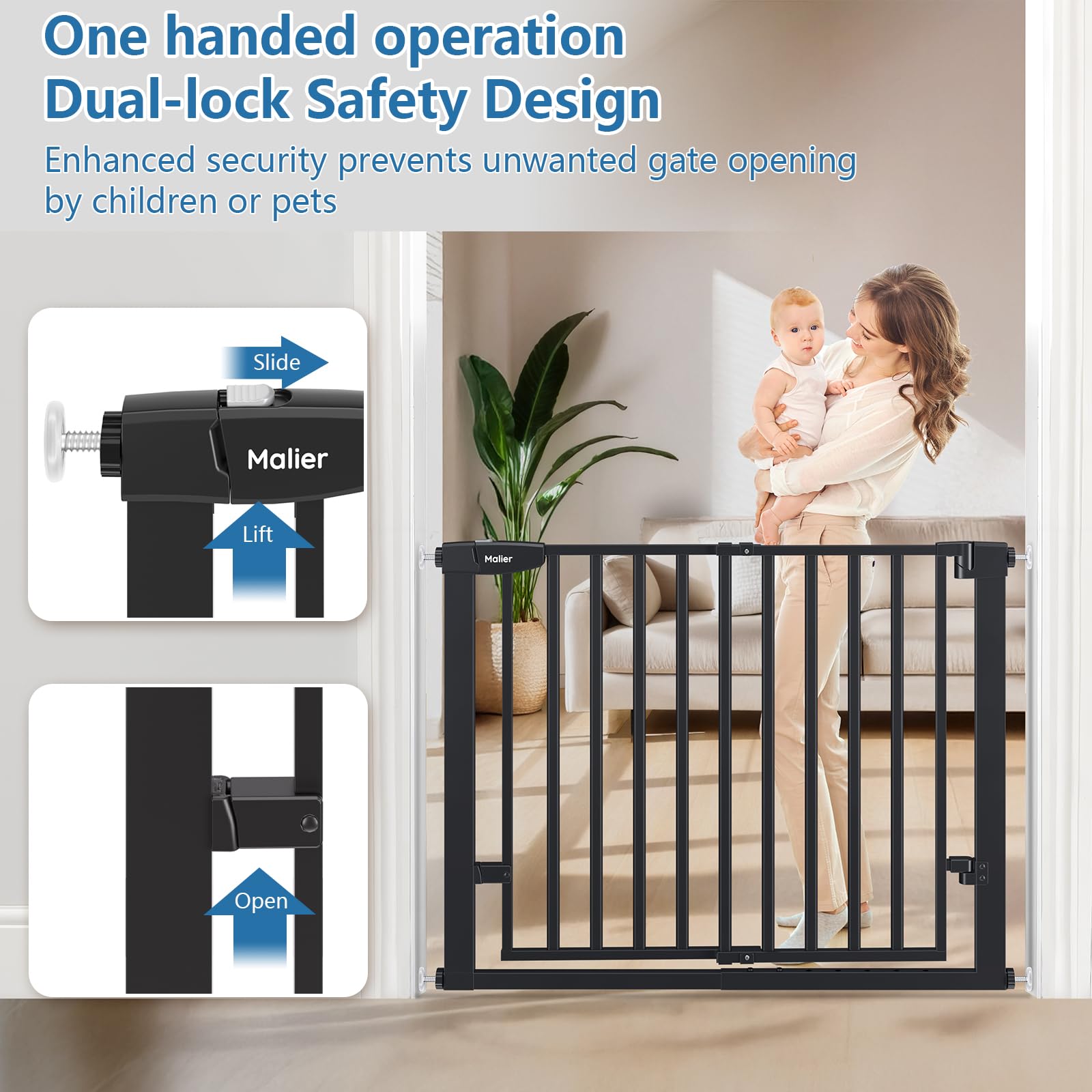 Malier Newest Baby Gate one-hand operation with dual-lock