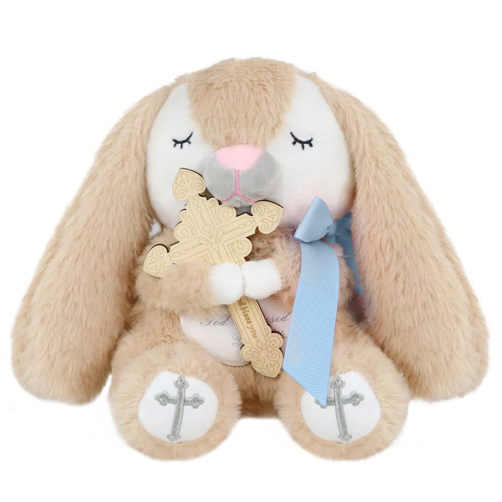 Malihome prayer bunny blue full view, a comforting baptism-ready plush companion