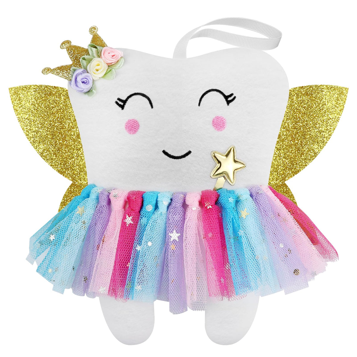 Malihome tooth fairy pillow front view with colorful skirt for kids' bedtime.