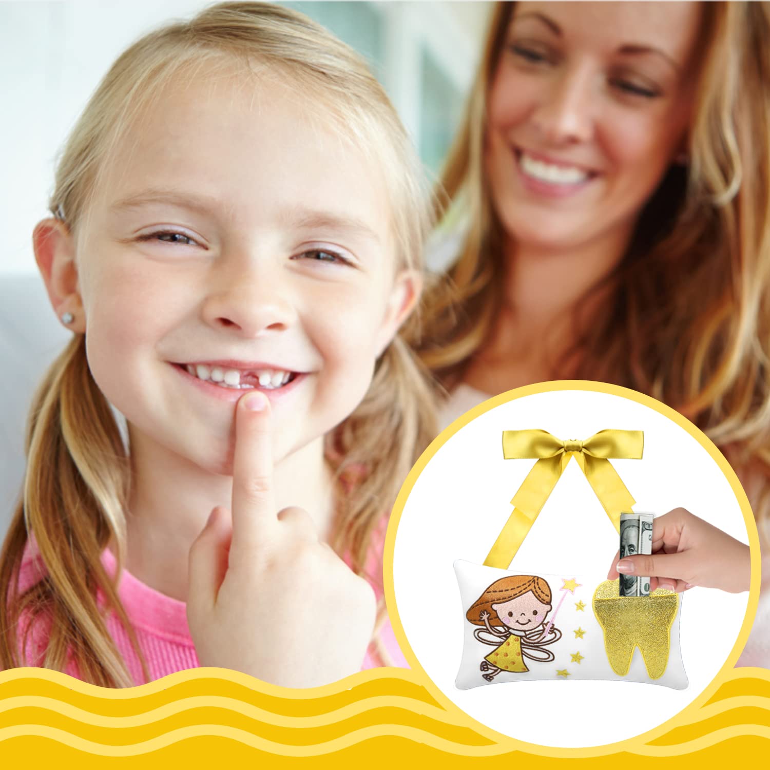 Malihome Tooth Fairy Pillow hanging on doorknob, convenient nightly ritual for bedtime surprise.
