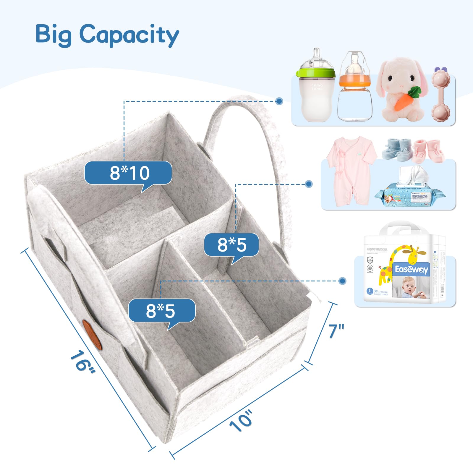 Maliton diaper caddy with removable divider for customizable sections