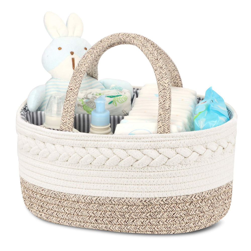 Maliton diaper caddy with open compartments keeps wipes and diapers within arm's reach