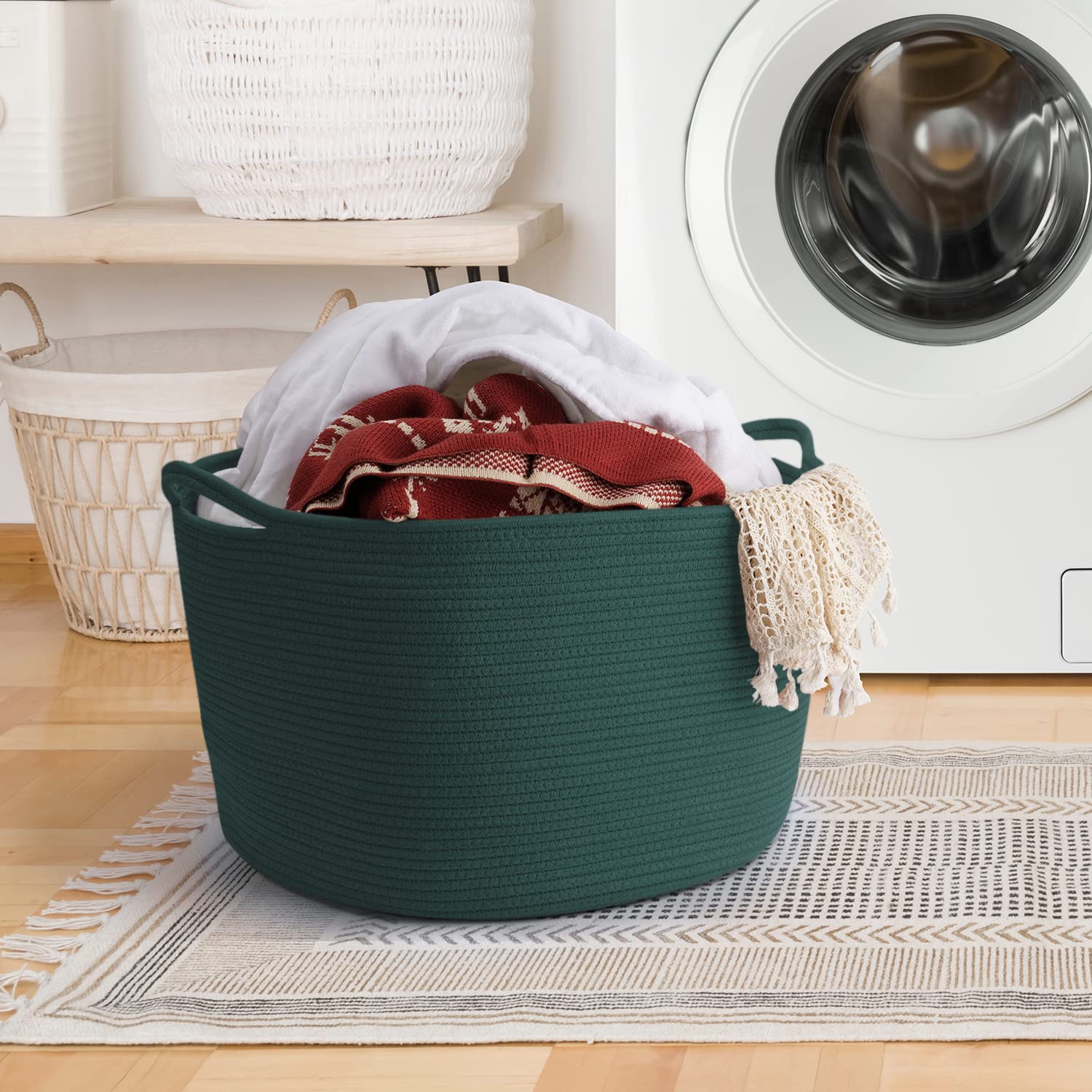 Maliton big towel basket fits bath linens and towels neatly.