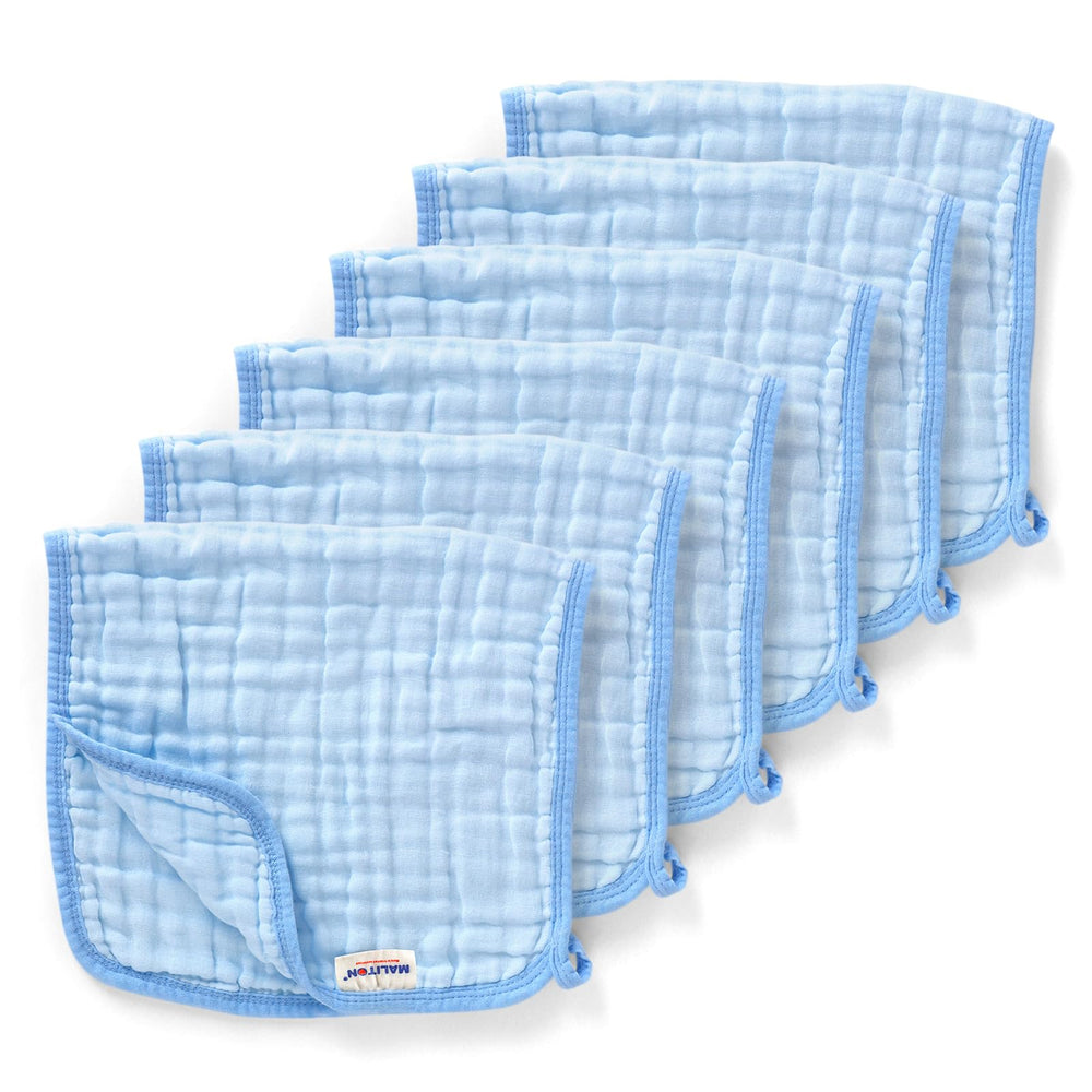 Maliton burp cloths pack6 blue front view shows soft six-layer cotton for gentle cleanup.