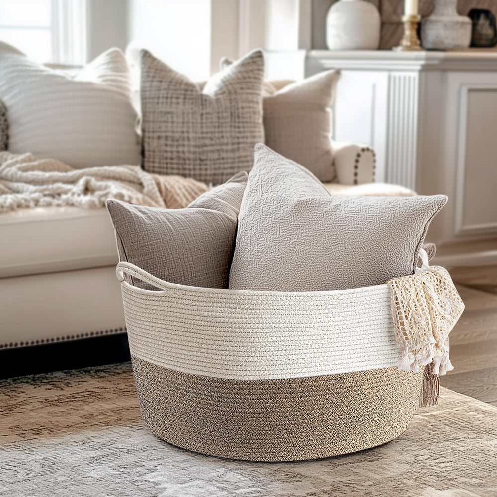 Maliton cotton rope basket with handles demonstrates portable storage for bulky items.