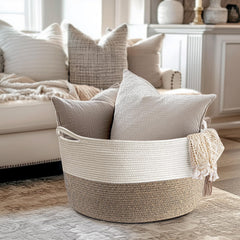 Maliton cotton rope basket with handles demonstrates portable storage for bulky items.