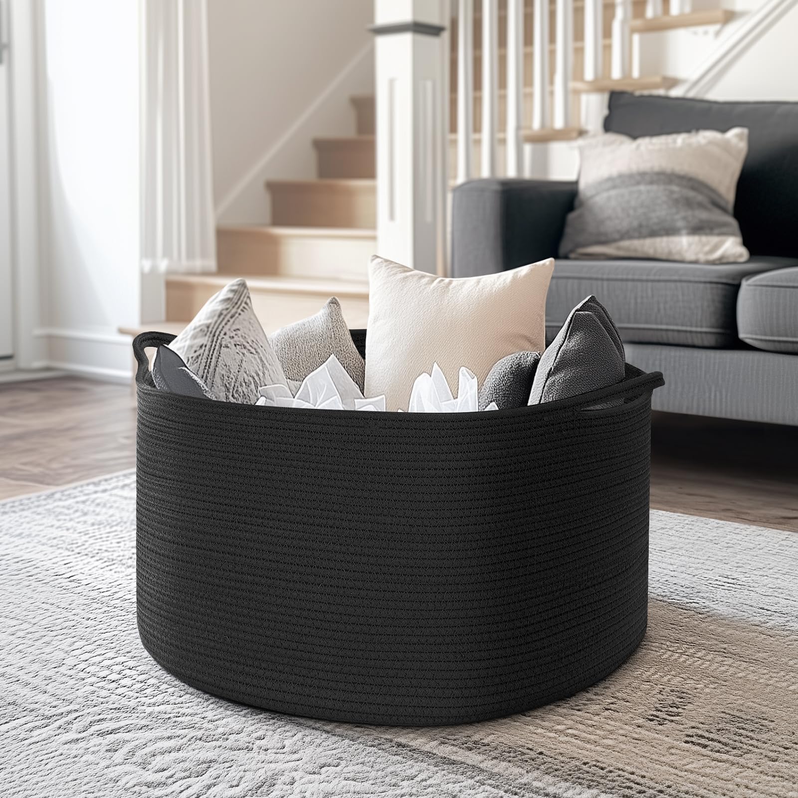 Maliton cotton rope basket handles provide easy, sturdy hauling between rooms