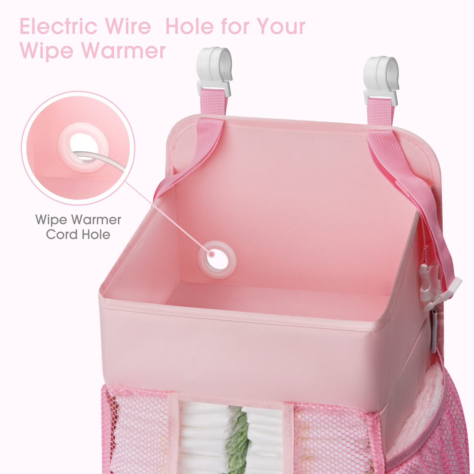 Maliton Hanging Diaper Caddy attachment types shows hooks and straps for versatile mounting