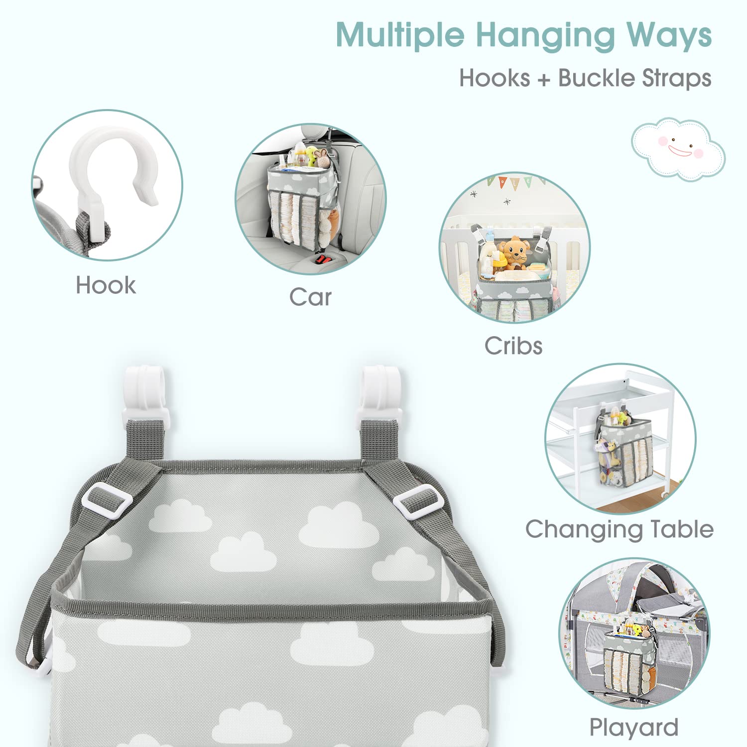 Maliton Caddy mounted with C-clip hooks for cribs and playards