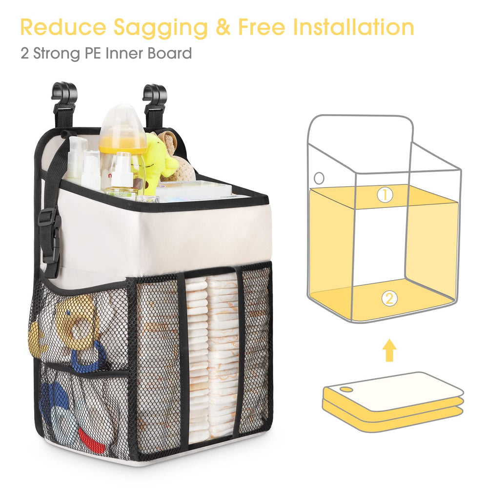 Maliton diaper caddy mounted on crib rail for versatile mounting