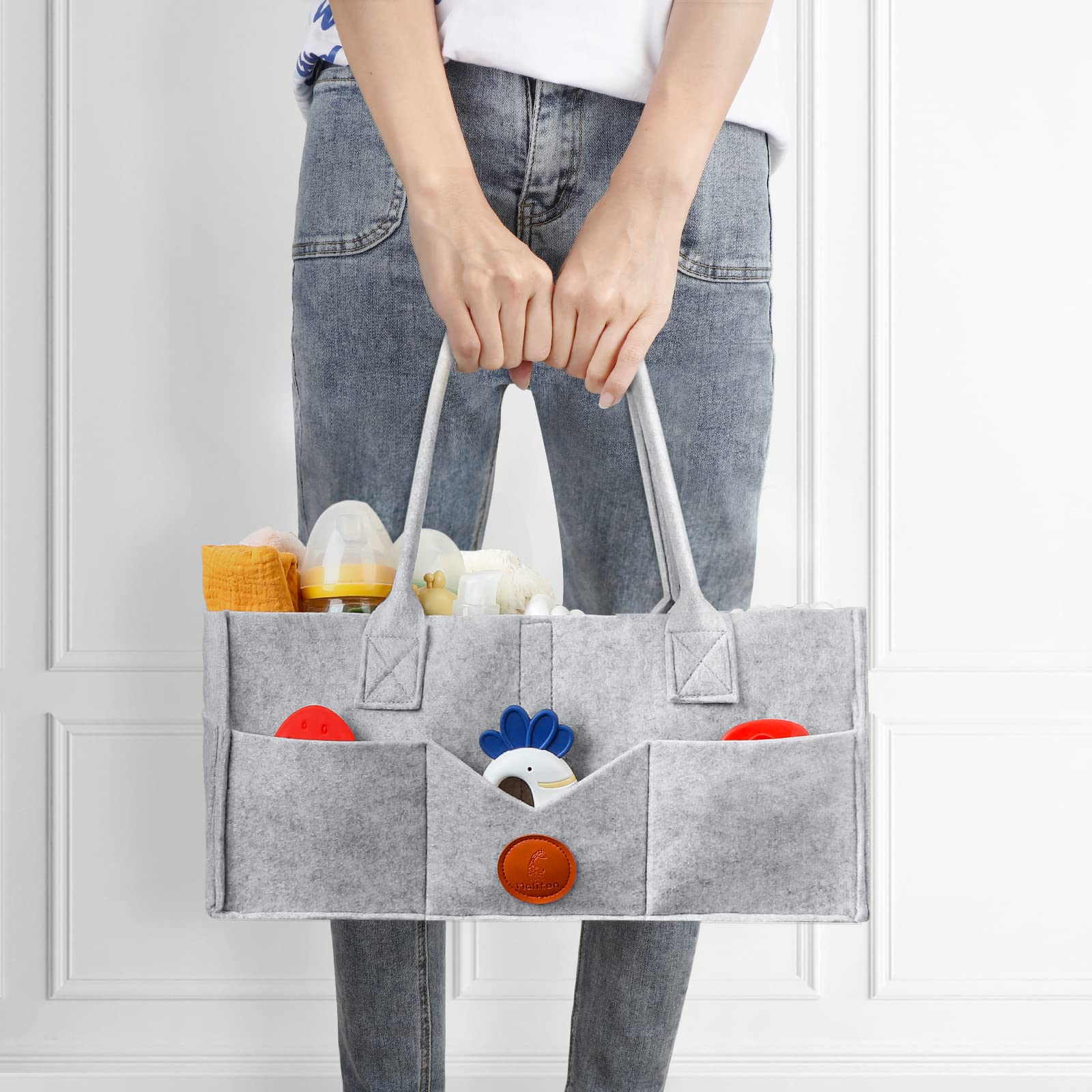 Maliton Diaper Caddy's neutral grey look suits both boy and girl nurseries.