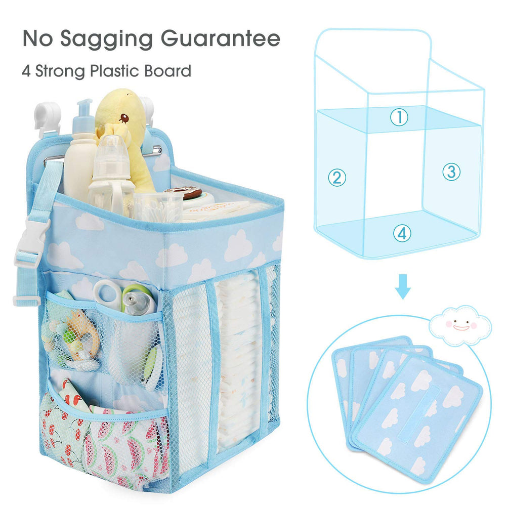 Maliton diaper caddy with mesh pockets provides quick access to baby essentials