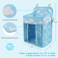 Maliton diaper organizer with buckle straps mounts on changing tables and playards