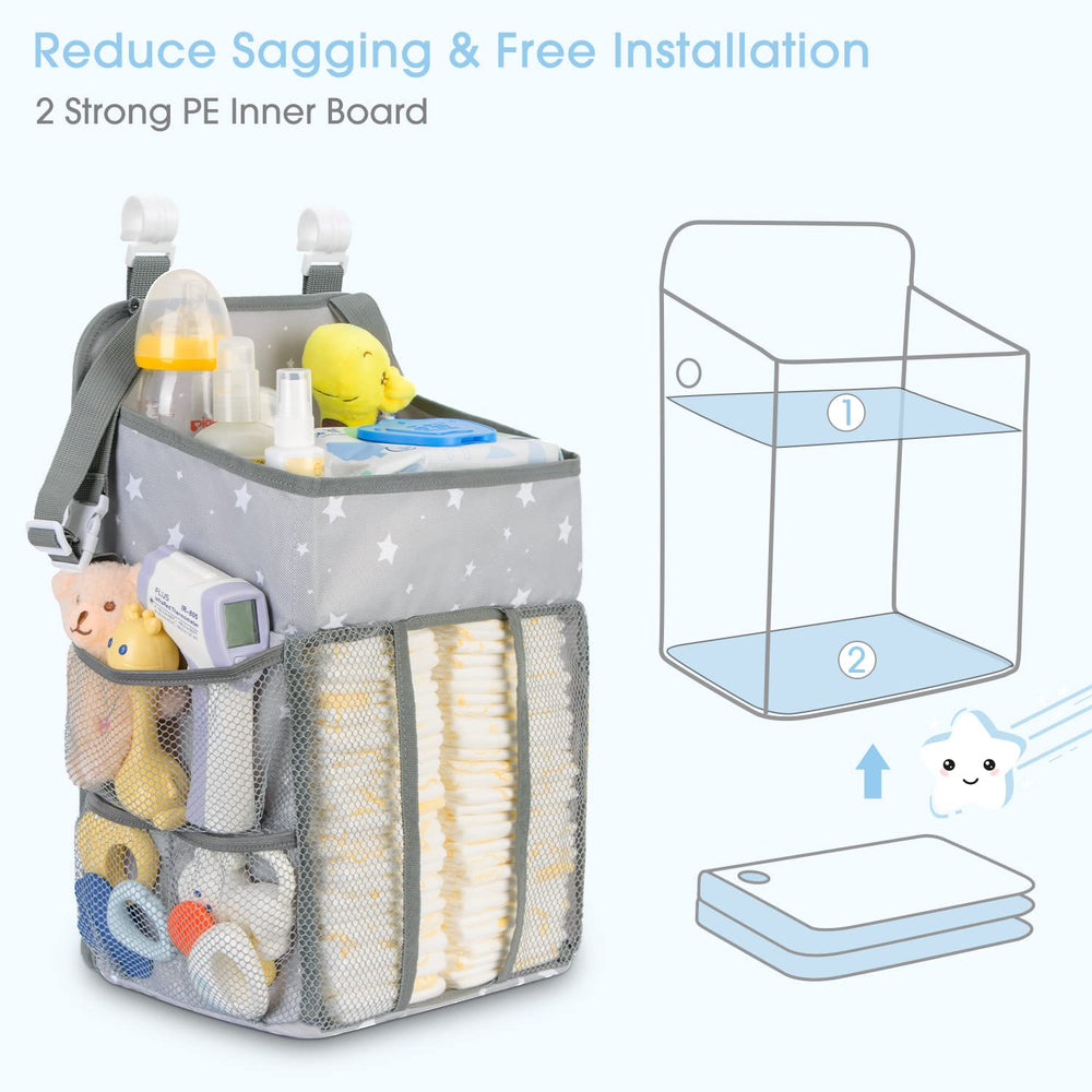 Maliton diaper organizer attached to a crib using clip setup for secure mounting