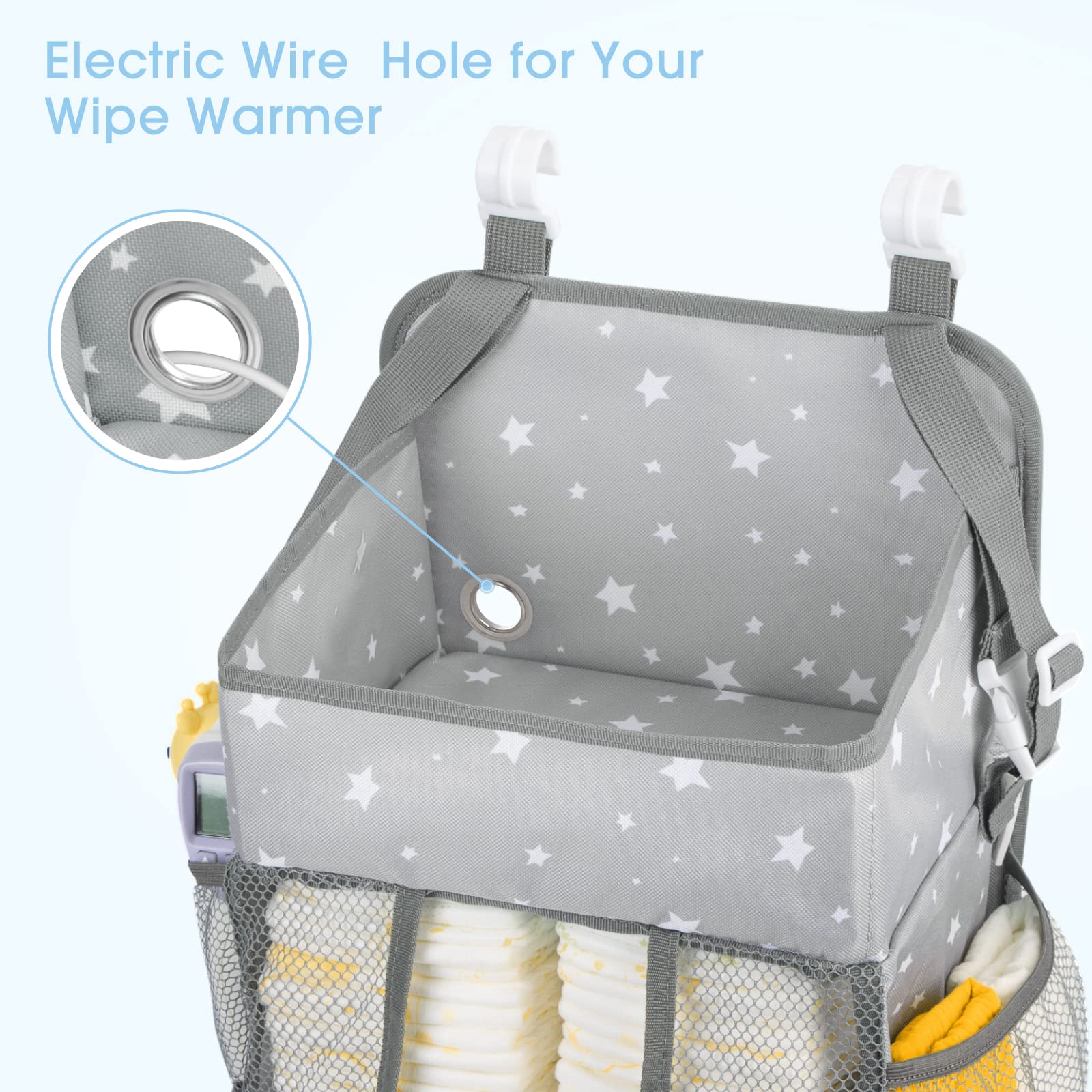 Maliton diaper organizer with adjustable buckle strap for thick crib bars versatility