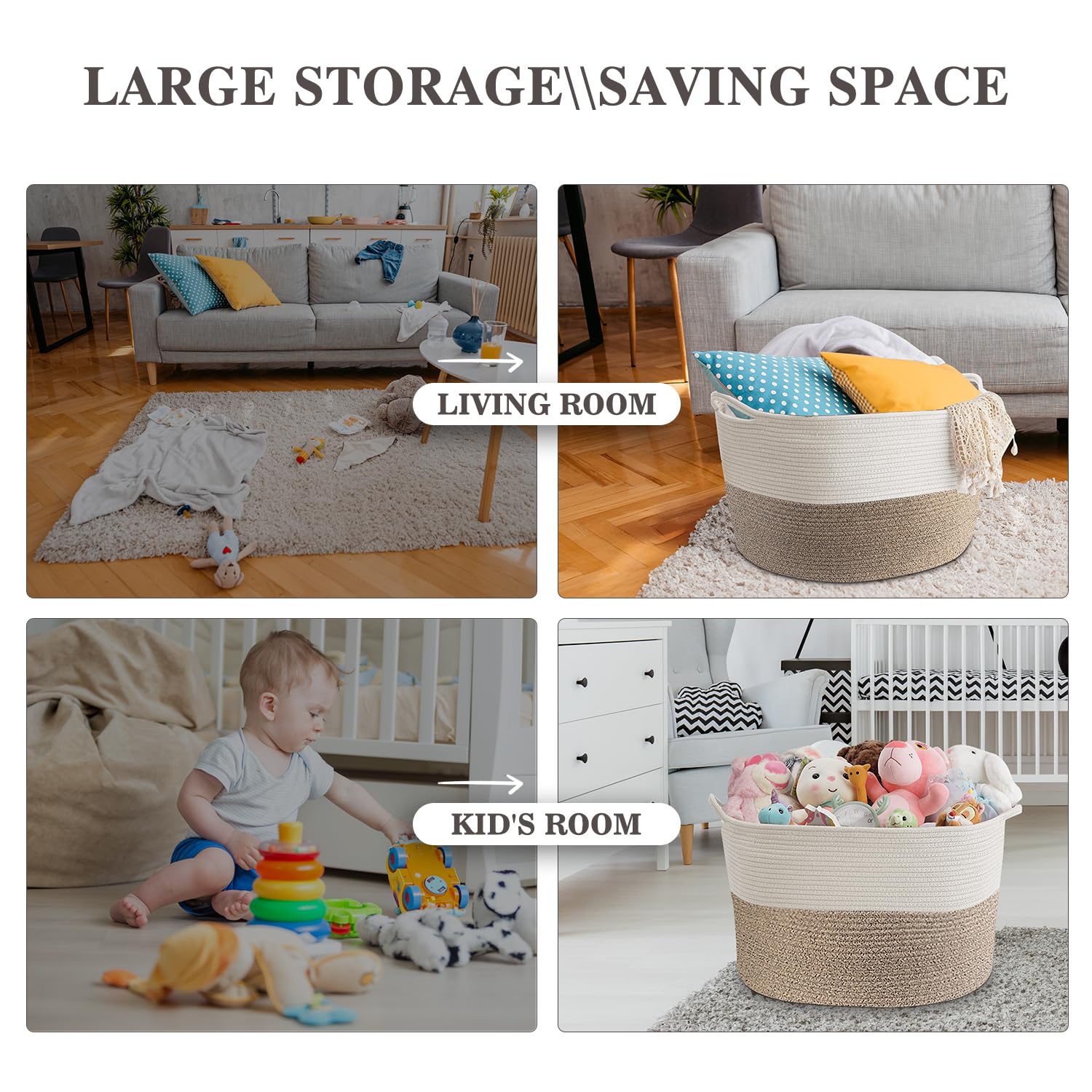 Maliton extra-large basket highlights 22x22x14 dimensions for blankets and pillows.