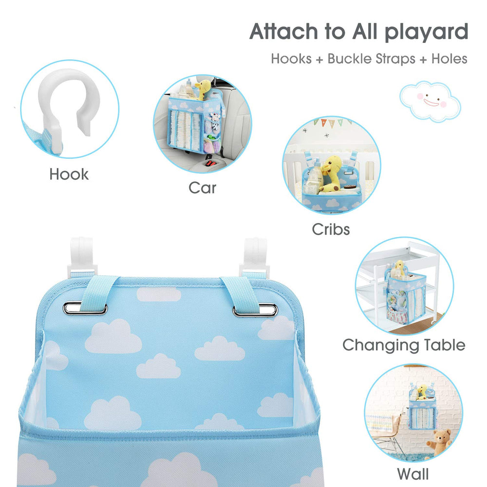 Maliton hanging diaper organizer attached to crib with clips for bedside storage