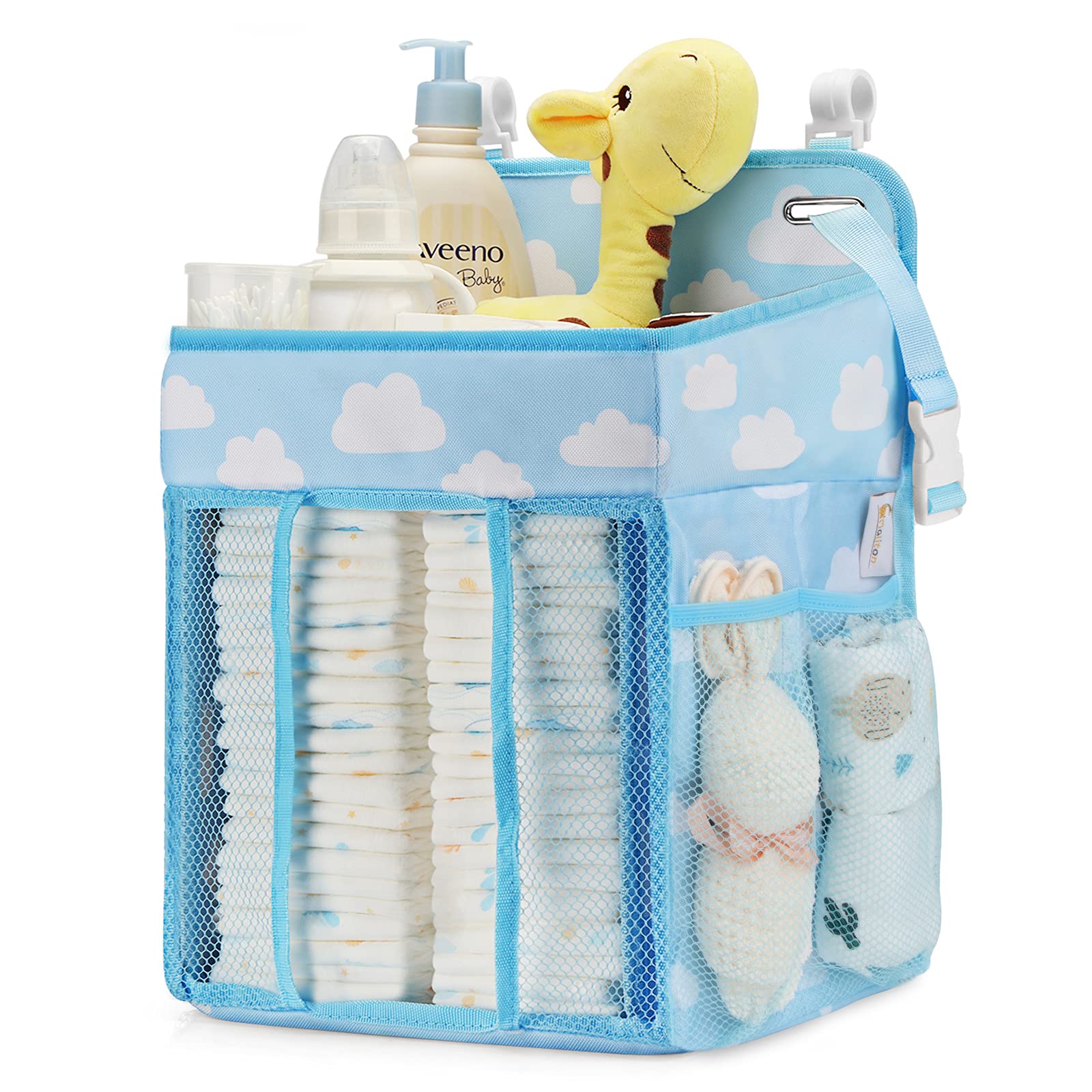 Maliton hanging diaper organizer full setup shows large capacity for diapers and wipes