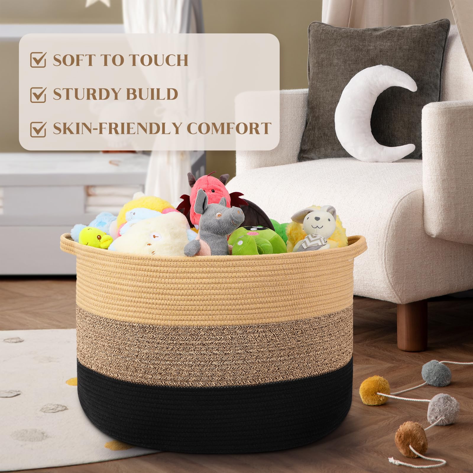 Maliton large woven basket with reinforced handles for easy moving between rooms.