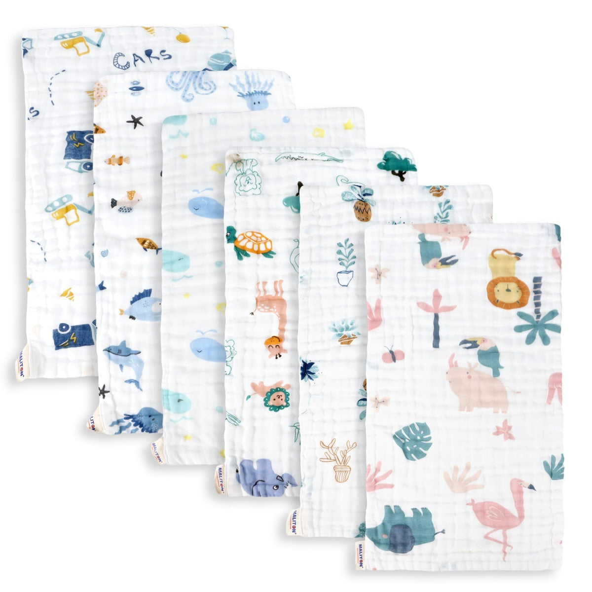 Maliton Muslin Burp Cloths pack6 front view shows soft cotton texture for gentle care.