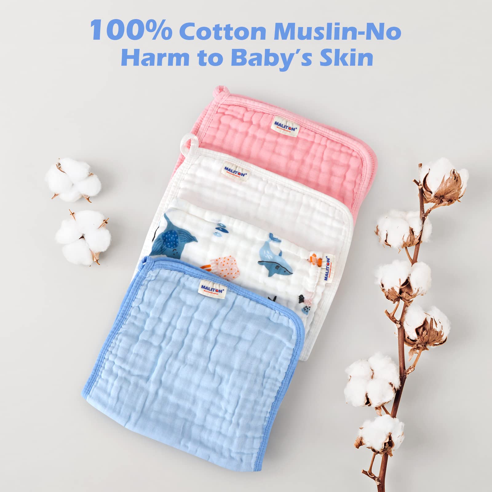 Maliton Muslin Burp Cloths fabric texture highlights breathable, skin-friendly cotton.
