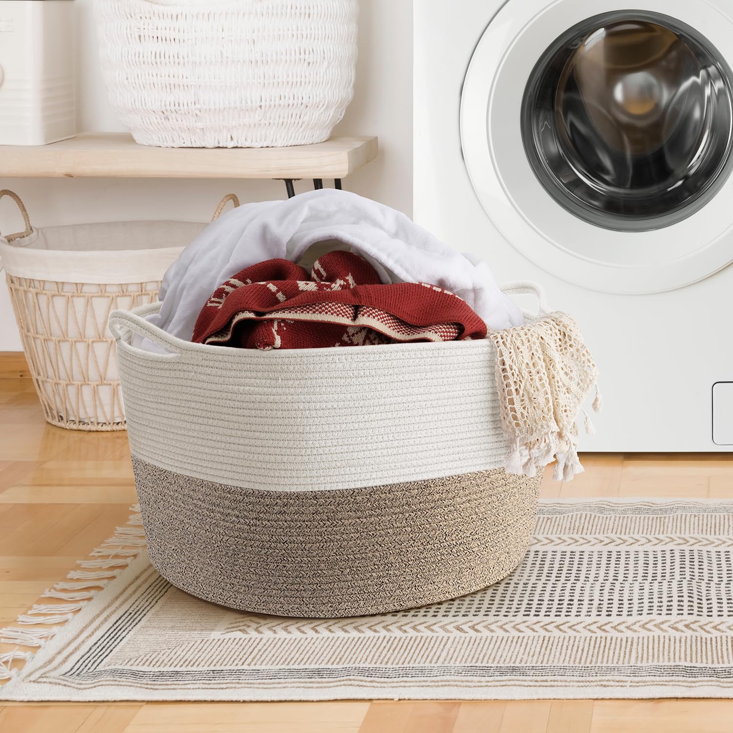 Maliton pillow basket in bedroom decor blends style with practical storage.