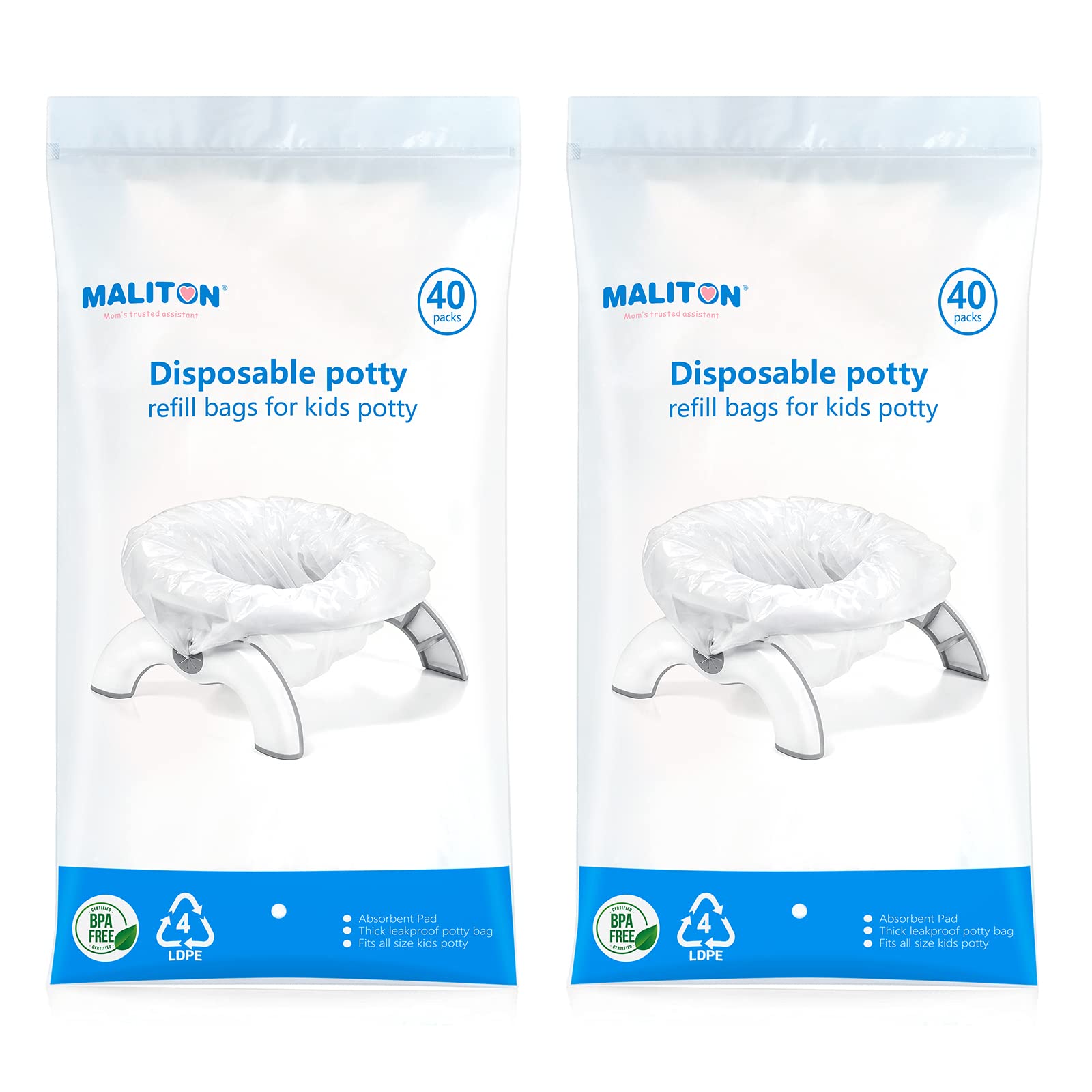 Maliton potty bags universal fit packaging shows 80-count travel-friendly box for parents