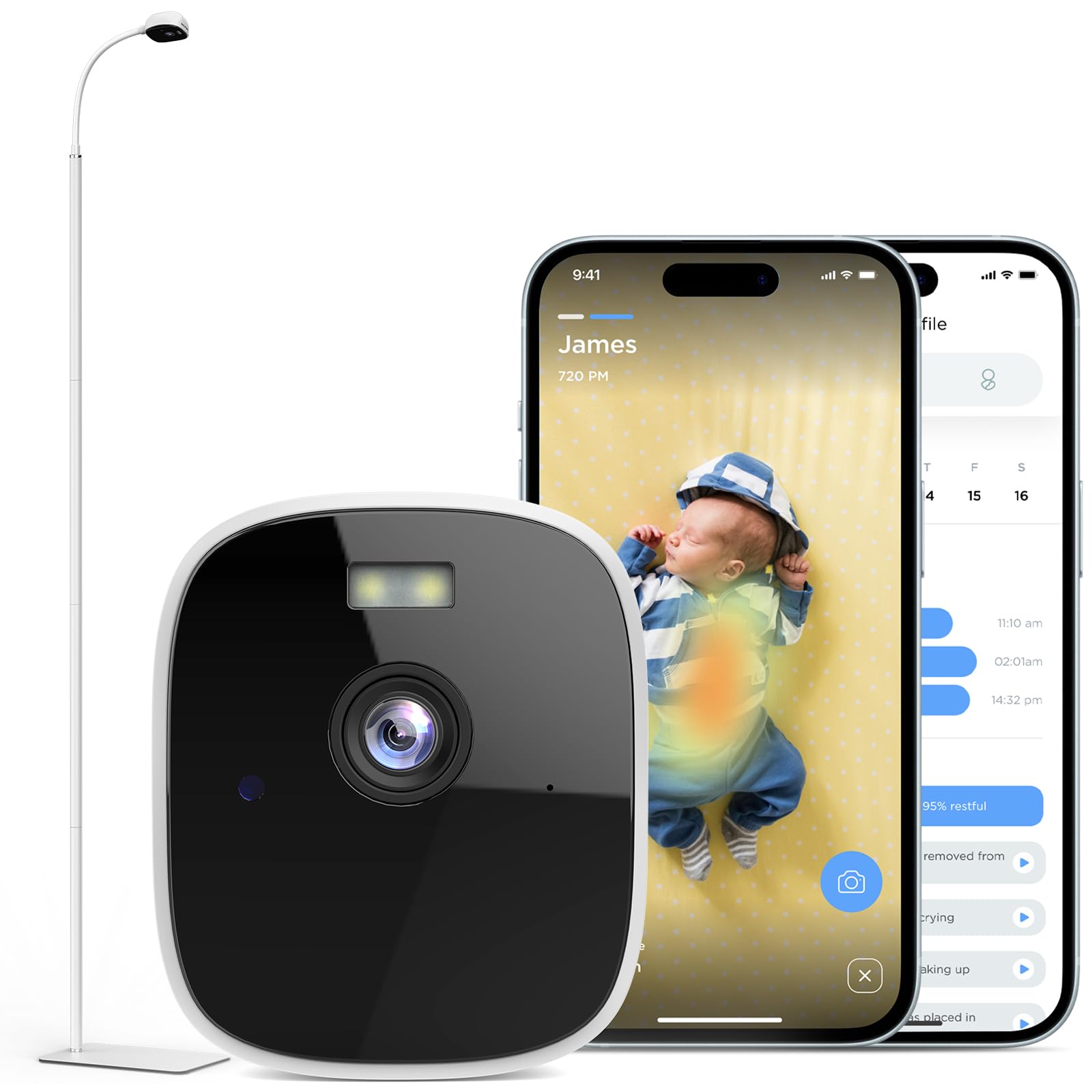 Maliton smart baby monitor on floor stand shows clear 2K video for quick peace of mind.