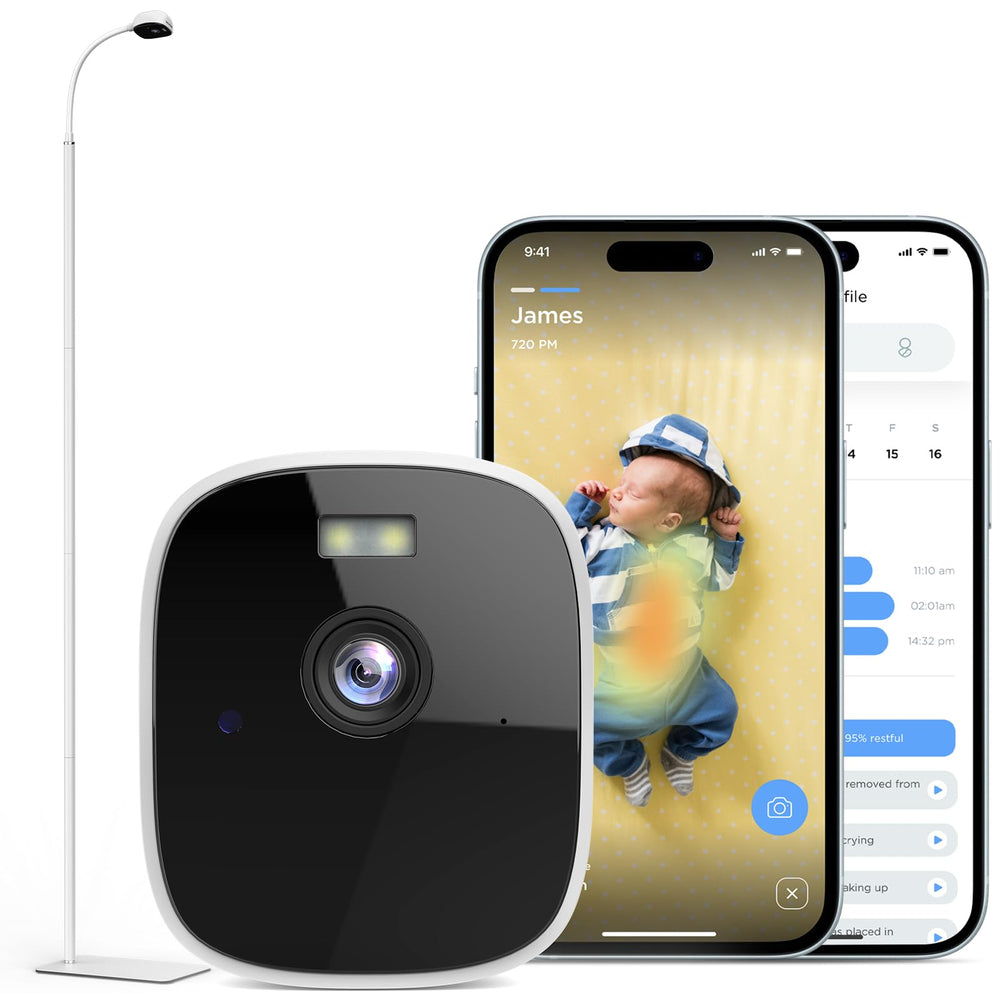 Maliton smart baby monitor on floor stand shows clear 2K video for quick peace of mind.