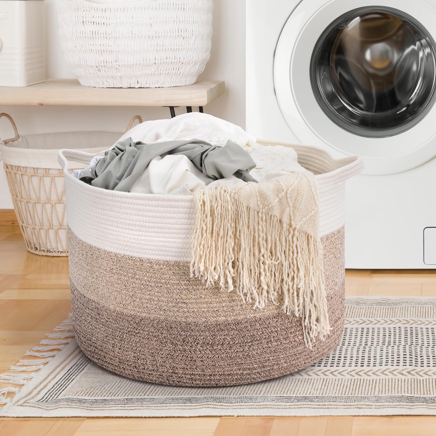 Maliton woven cotton rope basket suitable for laundry and toy storage.
