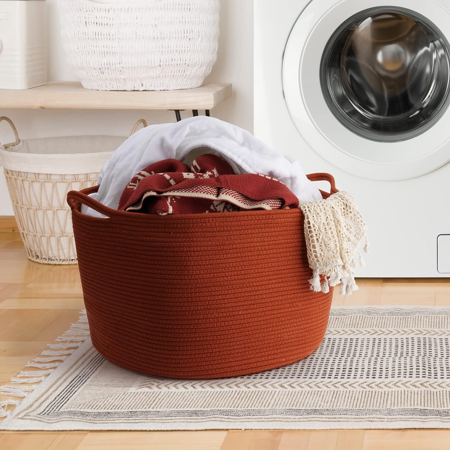 Maliton burnt orange basket adds warm accent to home decor.