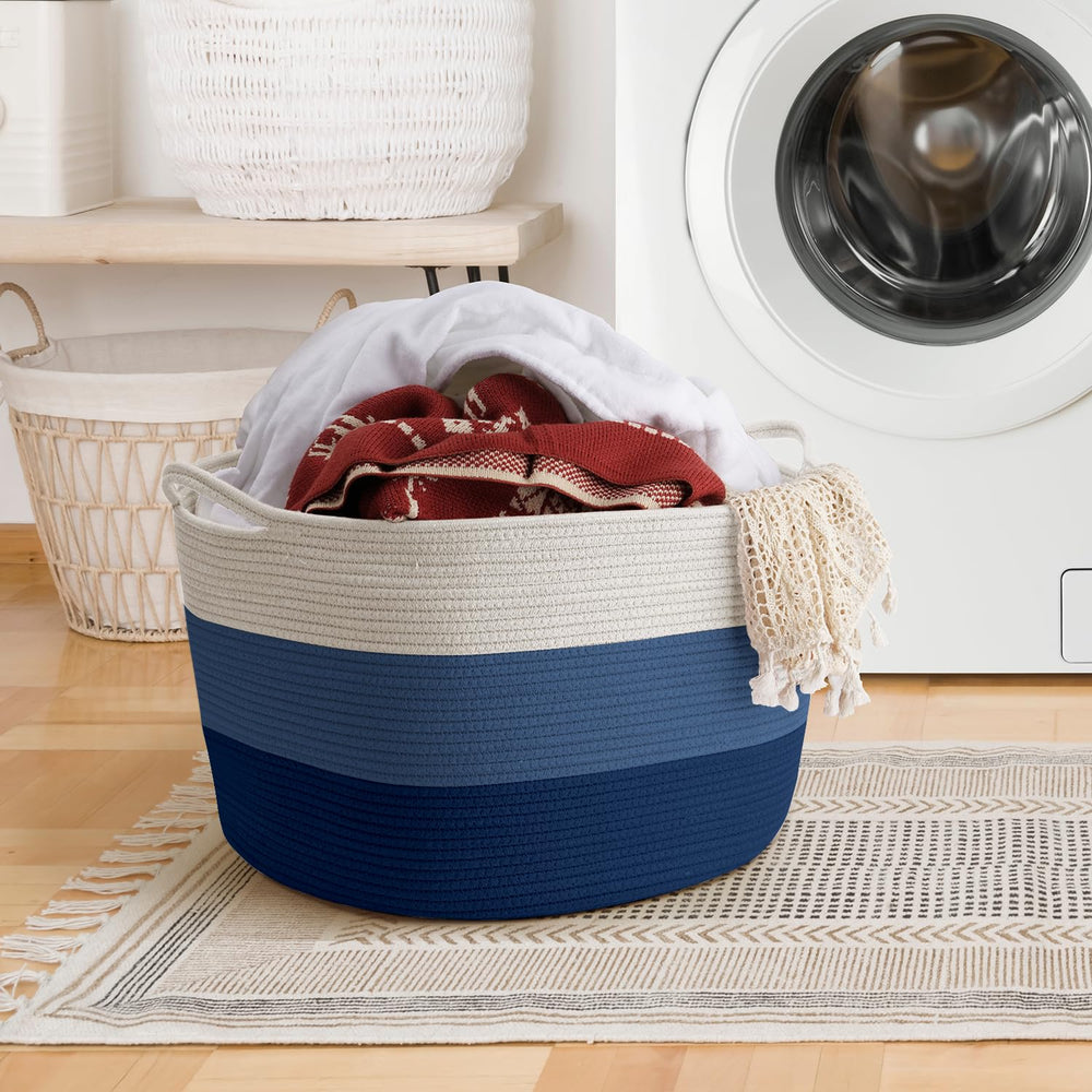 Maliton XXXL cotton rope basket in bedroom for towels and linens.