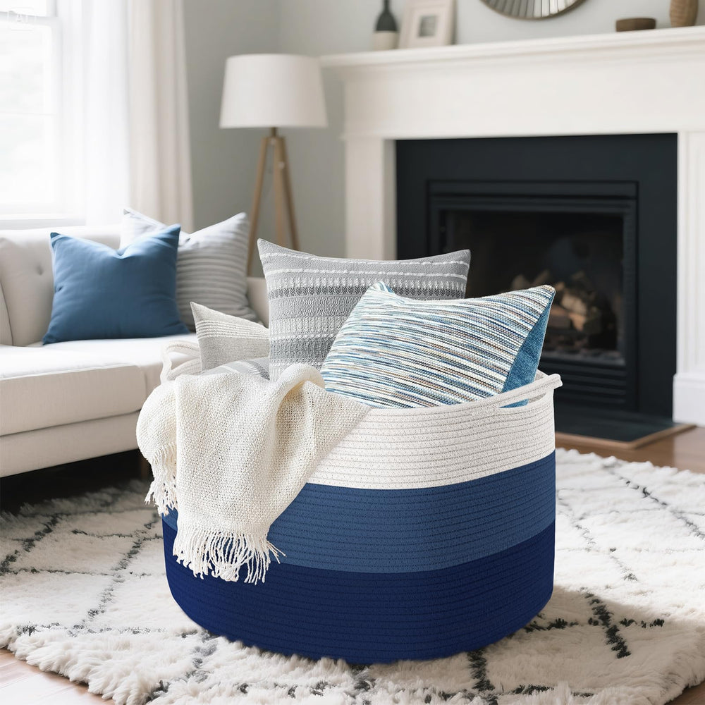 Maliton XXXL cotton rope basket filled with blankets for organized living room storage.
