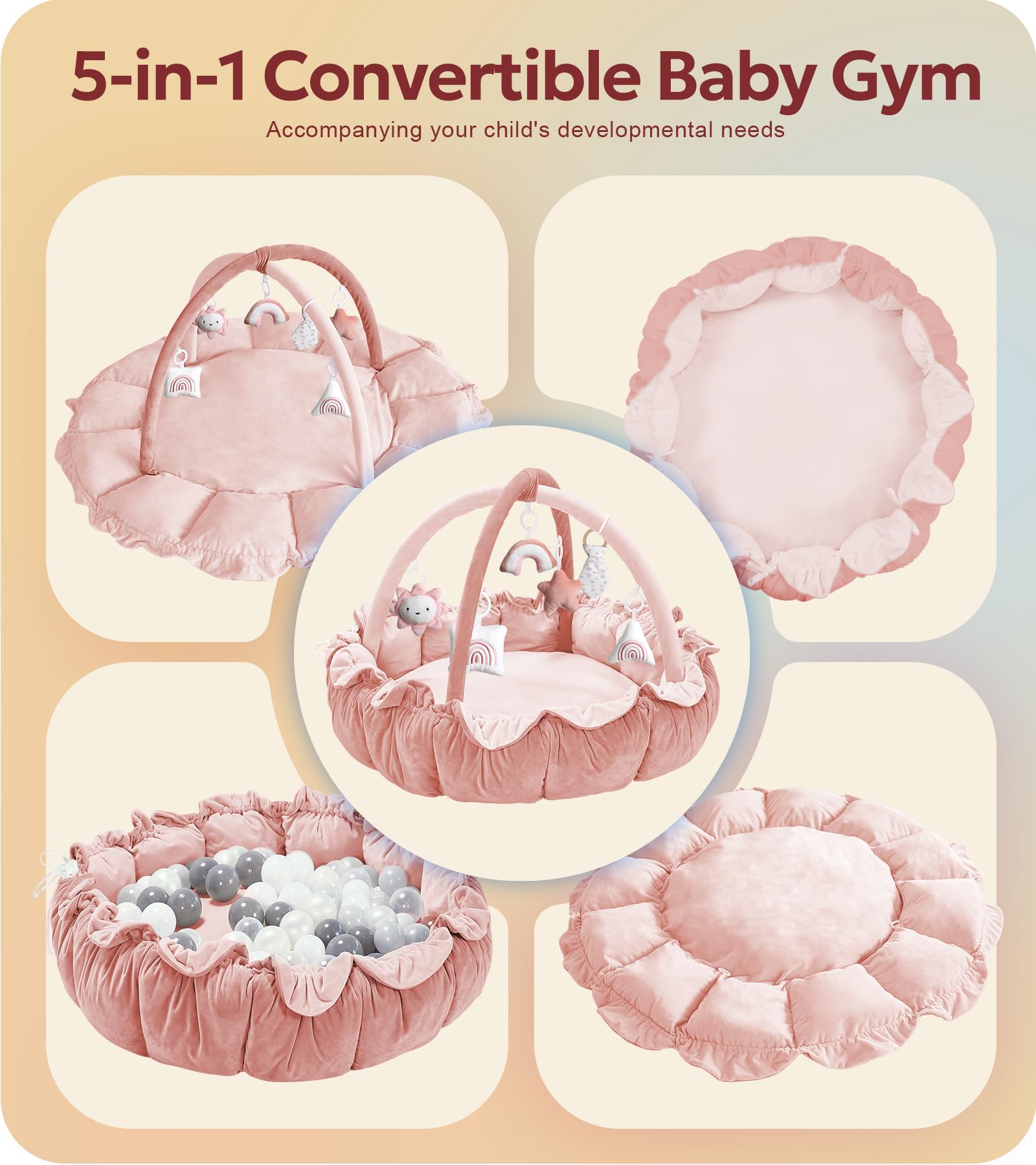 Mallify 5-in-1 baby gym pink with detachable toys encourages sensory exploration.