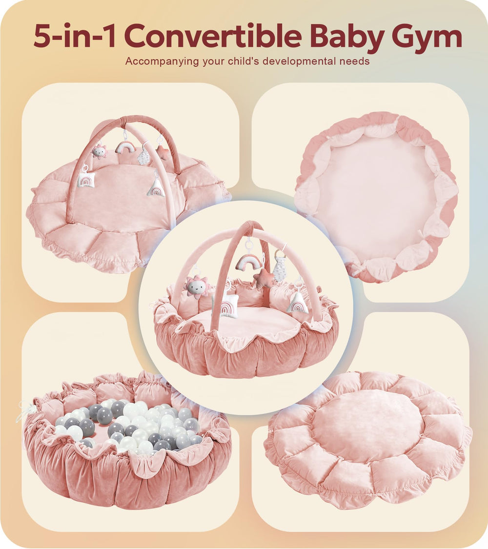 Mallify 5-in-1 baby gym pink with detachable toys encourages sensory exploration.